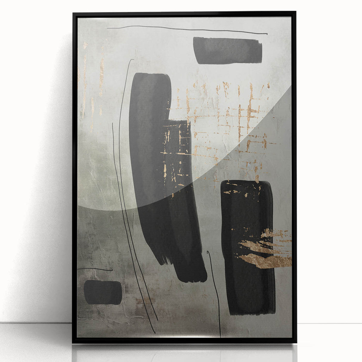 Framed acrylic wall art collection featuring an abstract modern design in black, showcasing geometric patterns and vibrant colors, perfect for contemporary home decor.