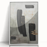 Framed abstract modern wall art design featuring vibrant colors and dynamic shapes, displayed in a sleek white frame, ideal for contemporary decor.