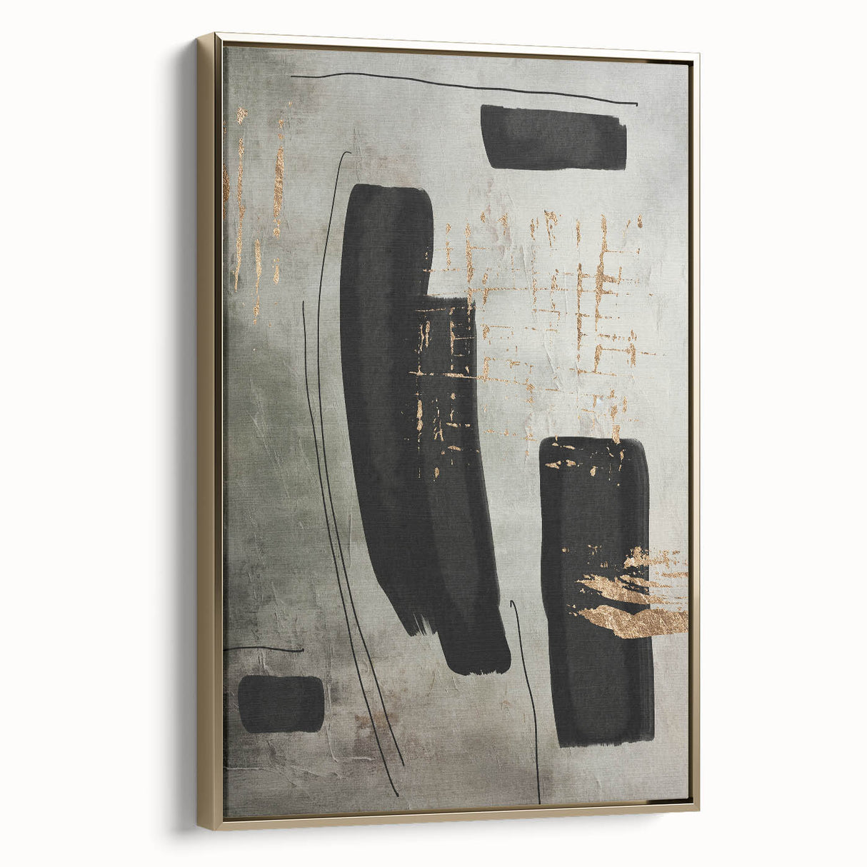 Framed canvas wall art from the Abstract Modern Design 82 collection, showcasing a gold and white geometric pattern, adds a touch of elegance to contemporary interiors.