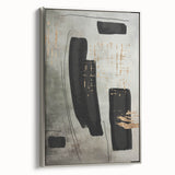 Framed wall art featuring an abstract modern design in silver tones, showcasing a sleek side view of the canvas, ideal for contemporary interior decor.