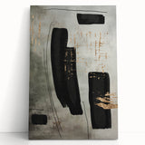 Abstract modern wall art collection featuring vibrant colors and geometric shapes on a stretched canvas, leaning against a neutral-toned wall for display.