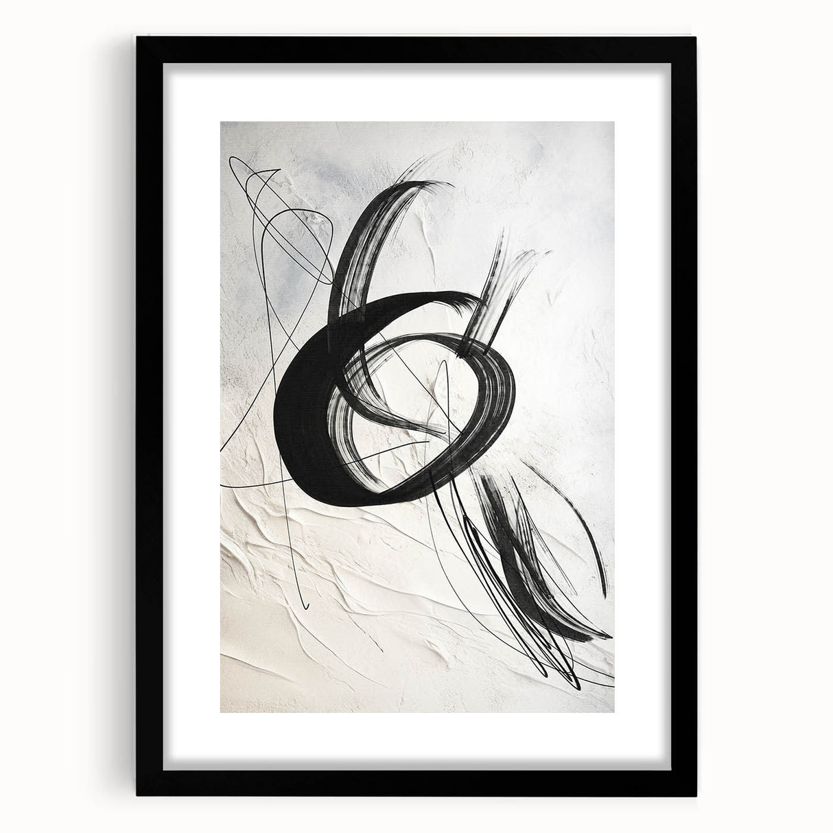 Abstract modern wall art collection featuring a framed piece with a black mat, showcasing vibrant geometric shapes and colors, ideal for contemporary home decor.