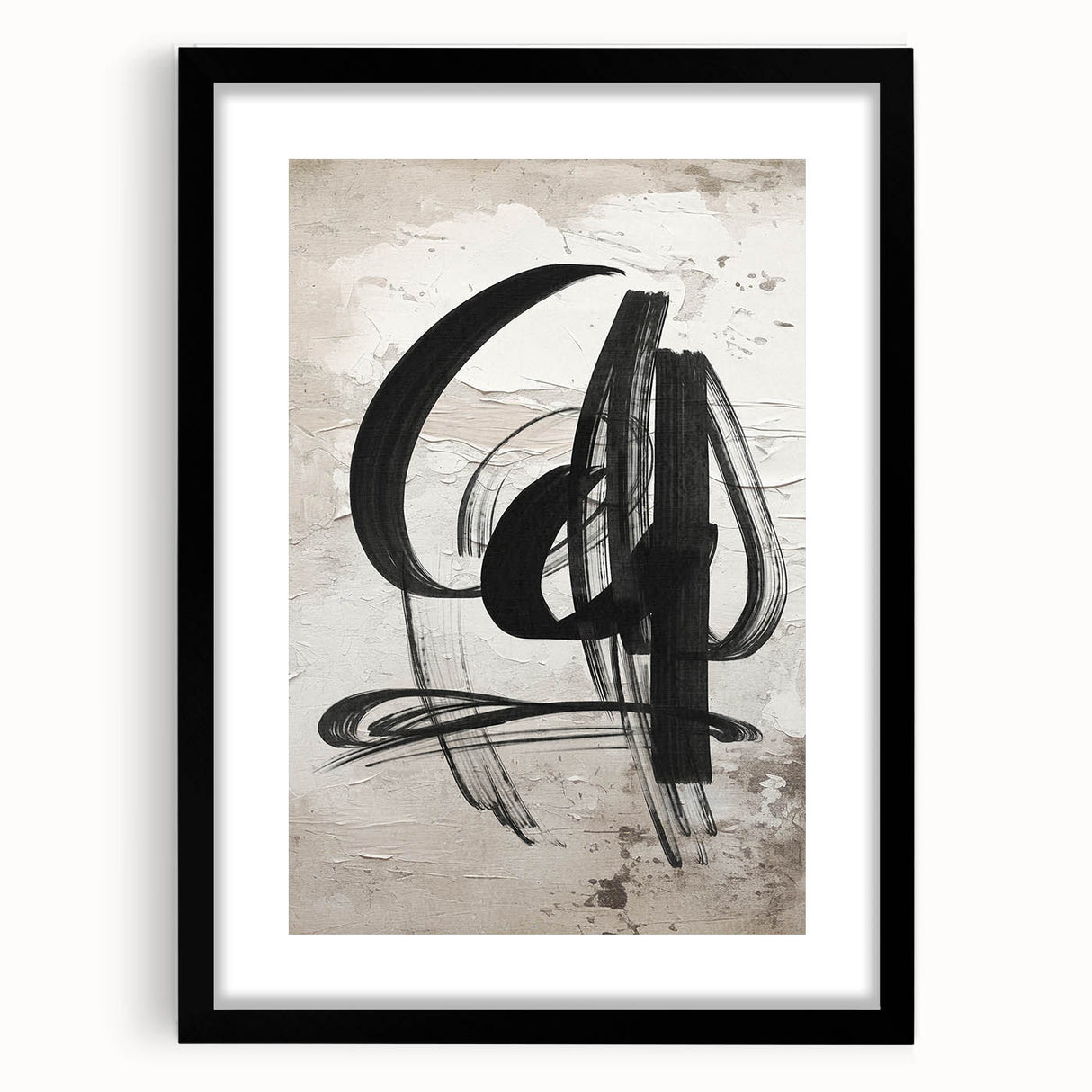 Abstract modern wall art collection featuring a black frame and mat, showcasing geometric patterns and vibrant colors, perfect for contemporary home decor.