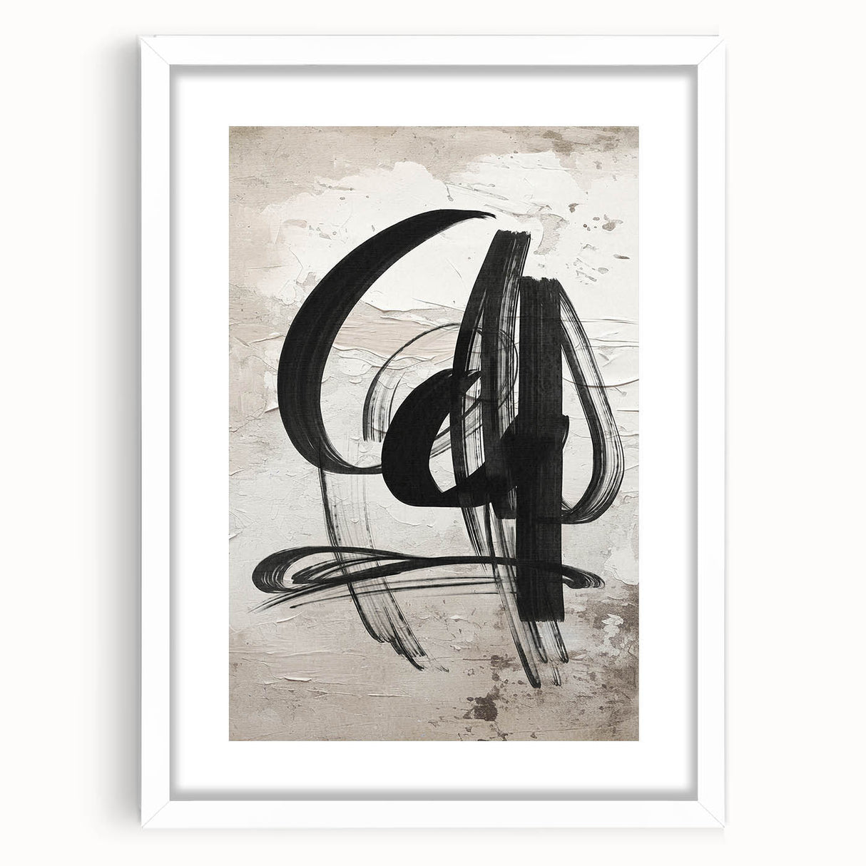 Abstract modern wall art collection featuring a white frame and mat, showcasing geometric patterns and vibrant colors, ideal for contemporary decor.
