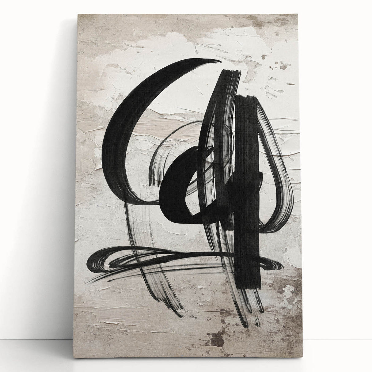 Abstract modern wall art collection showcasing a vibrant, colorful design on stretched canvas, leaning against a neutral wall, ideal for contemporary decor.