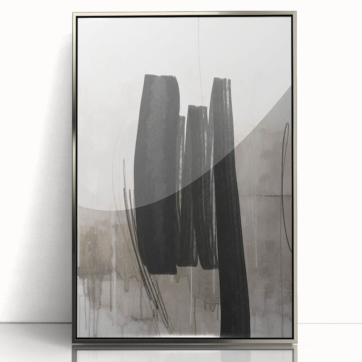 Framed abstract modern wall art design featuring silver tones and geometric shapes, perfect for contemporary interior decor. Adds elegance to any room setting.