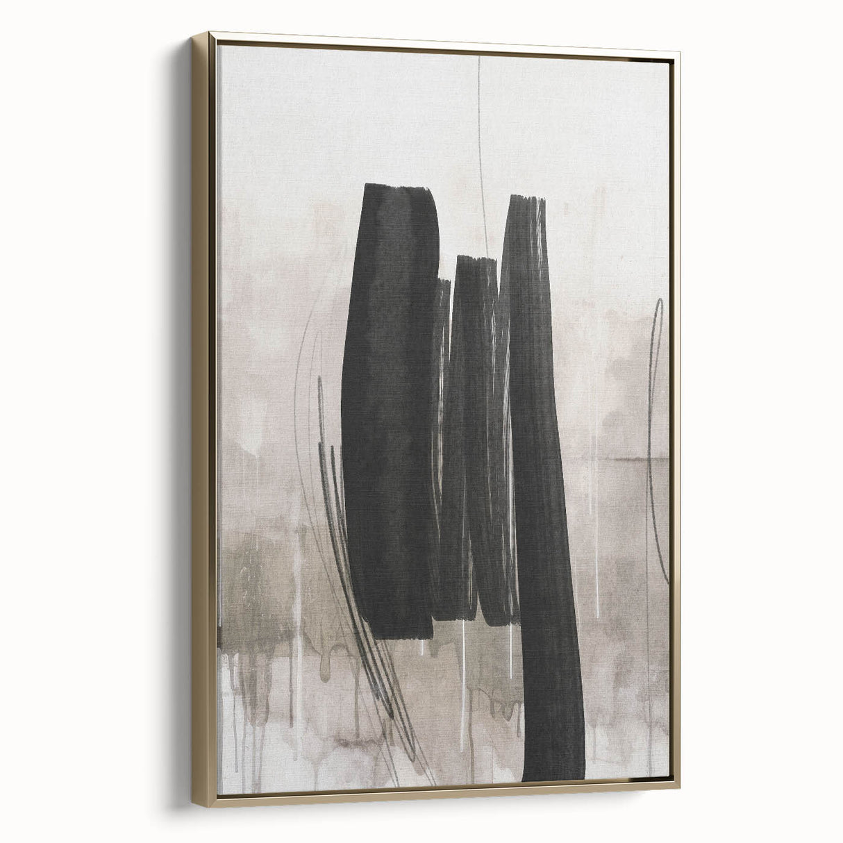 Framed abstract modern wall art featuring a gold color palette, showcasing geometric shapes and fluid lines, ideal for contemporary home decor.