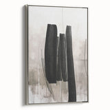 Framed abstract modern wall art collection showcasing a silver-toned design, perfect for contemporary home decor. Side view highlights the sleek frame and canvas texture.