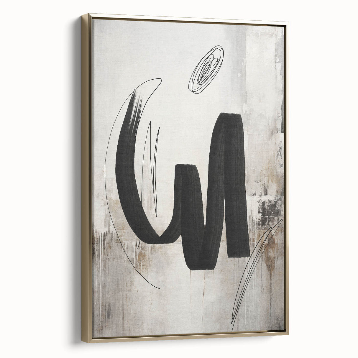 Abstract modern wall art collection framed canvas featuring a gold and black design, showcasing a side view with sleek lines and a contemporary aesthetic, perfect for home decor.