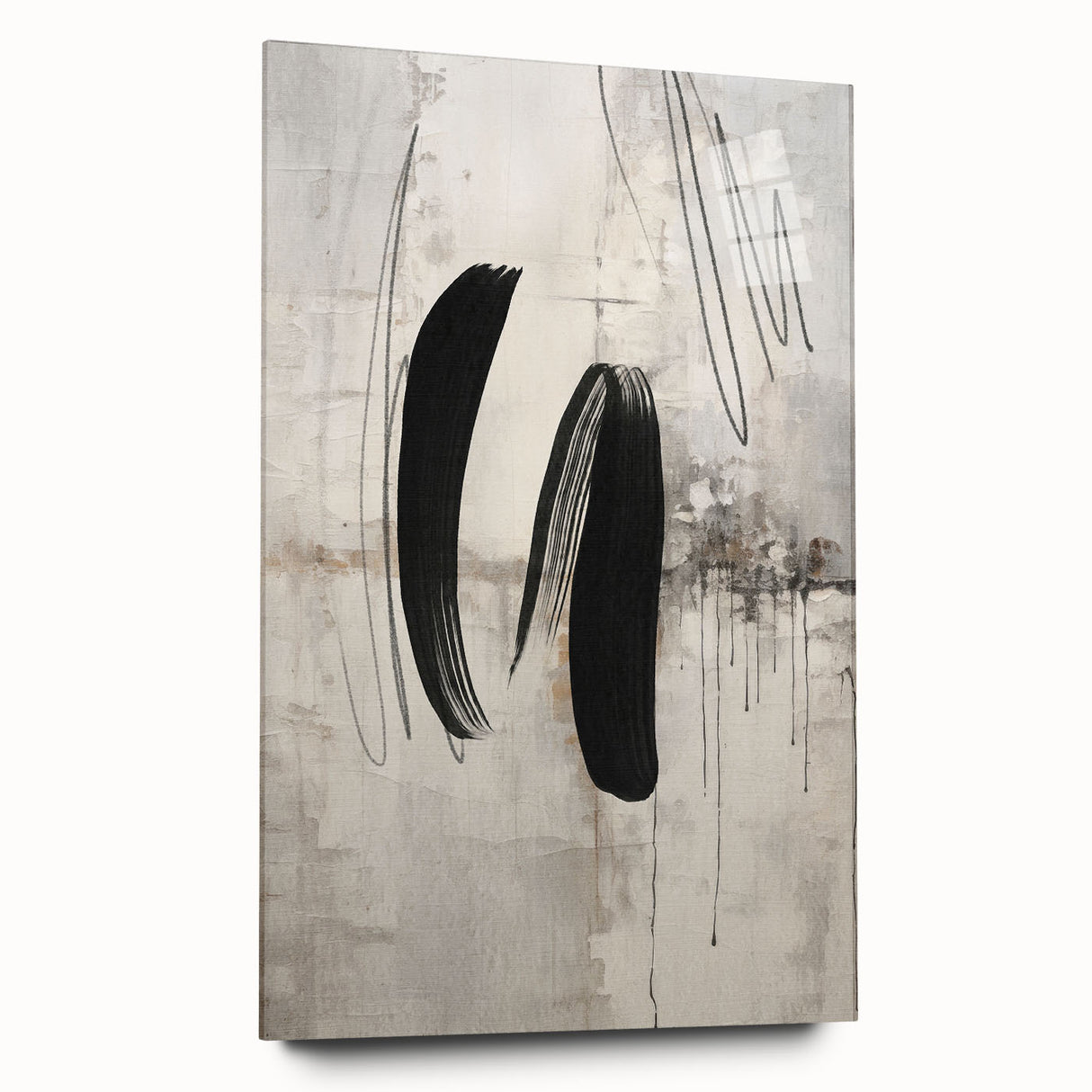 Abstract modern wall art collection displayed in acrylic glass, showcasing vibrant colors and geometric patterns, perfect for contemporary home decor. The side view highlights its sleek design, ideal for adding a touch of sophistication to any living space.