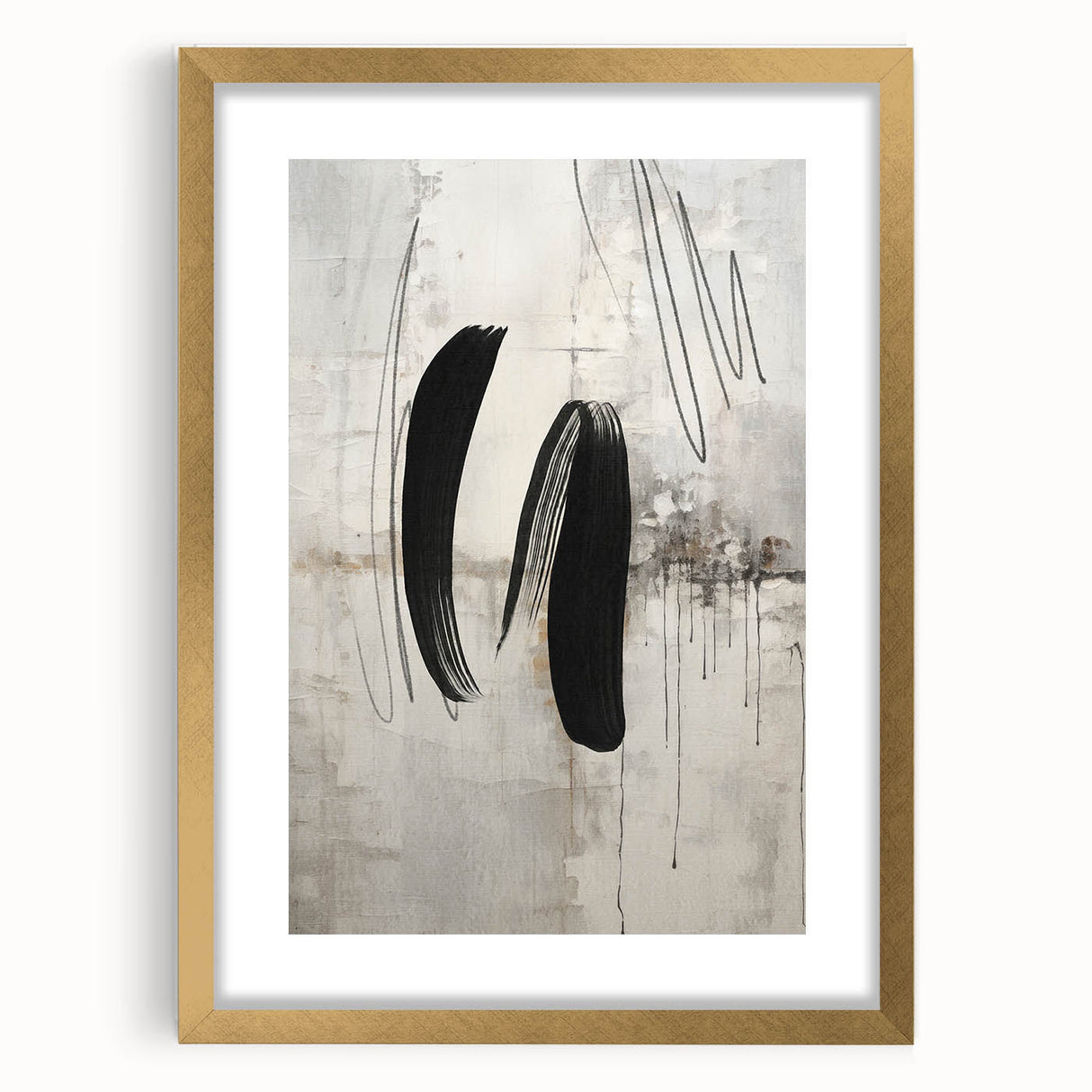 Abstract modern wall art collection showcasing a gold-framed piece with matting, featuring vibrant colors and geometric shapes, ideal for contemporary home decor.