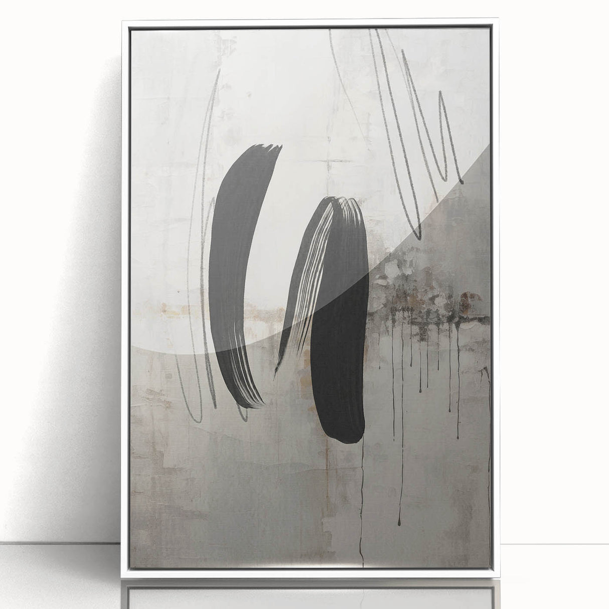 Framed abstract modern wall art featuring a colorful geometric design with bold shapes, set against a white background, enhancing contemporary home decor.