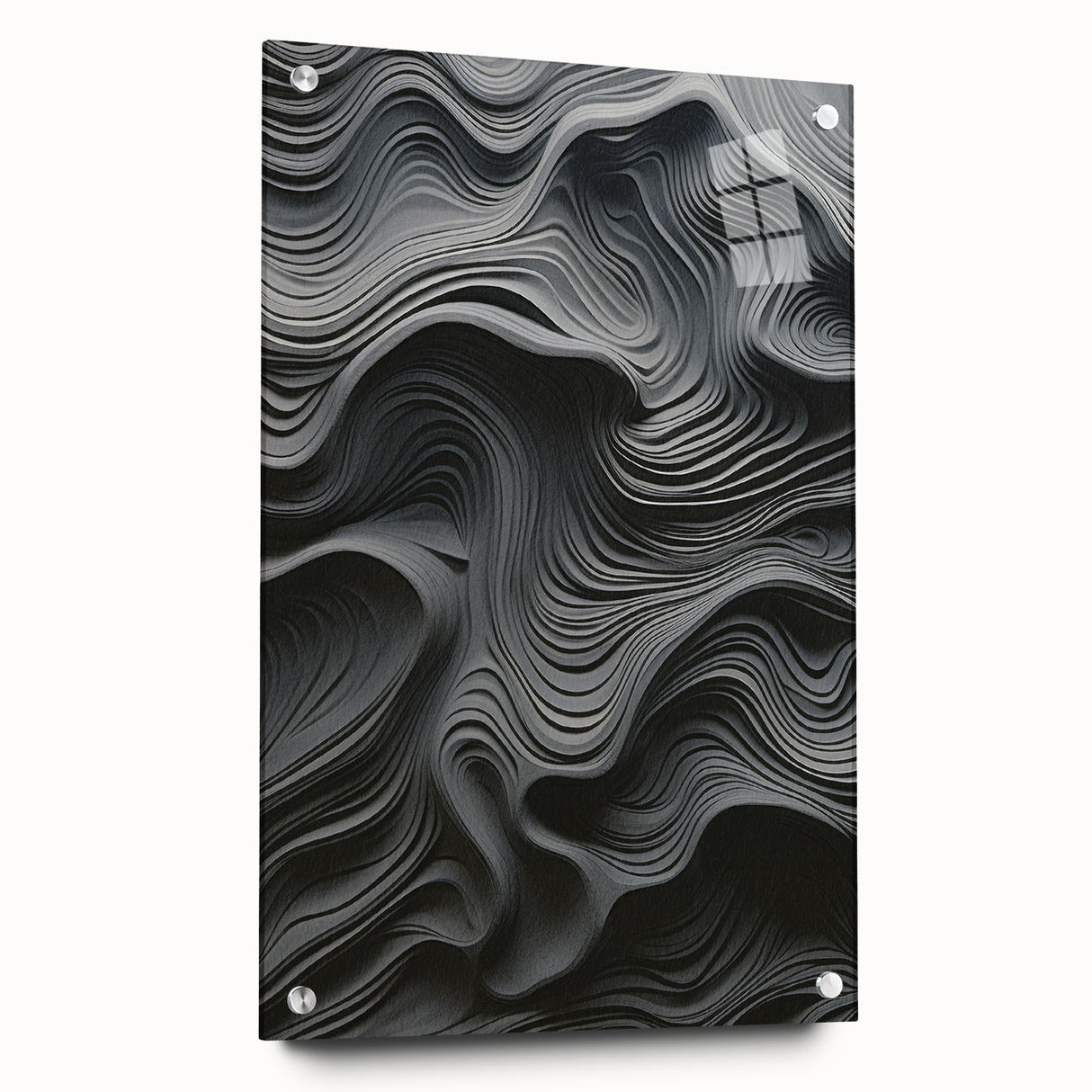 Abstract modern wall art collection displayed in an acrylic glass frame, showcasing vibrant colors and geometric patterns, mounted with decorative pins for an artistic touch.