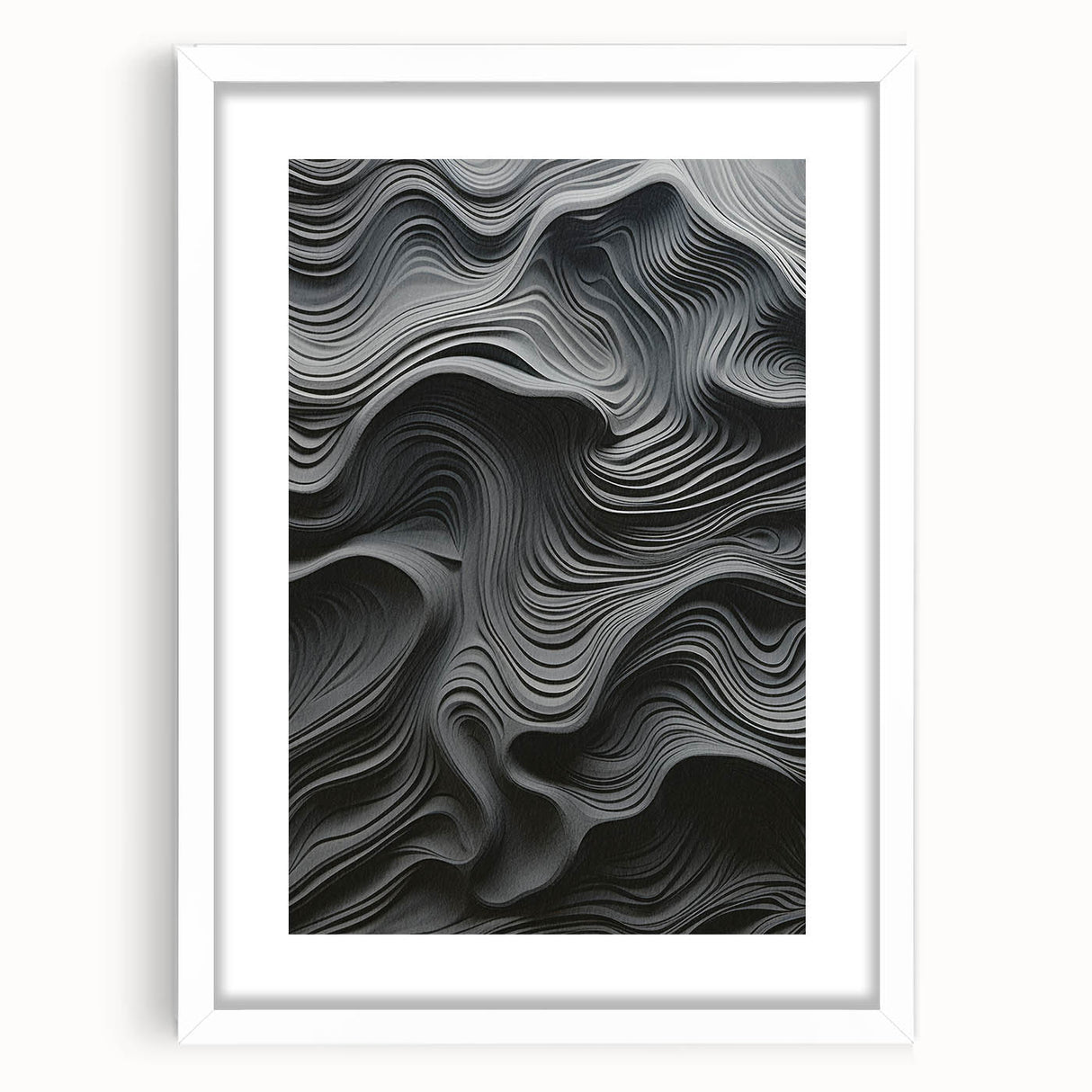 Abstract modern wall art collection featuring a white-framed design with a mat, showcasing vibrant colors and geometric patterns, ideal for contemporary home decor.