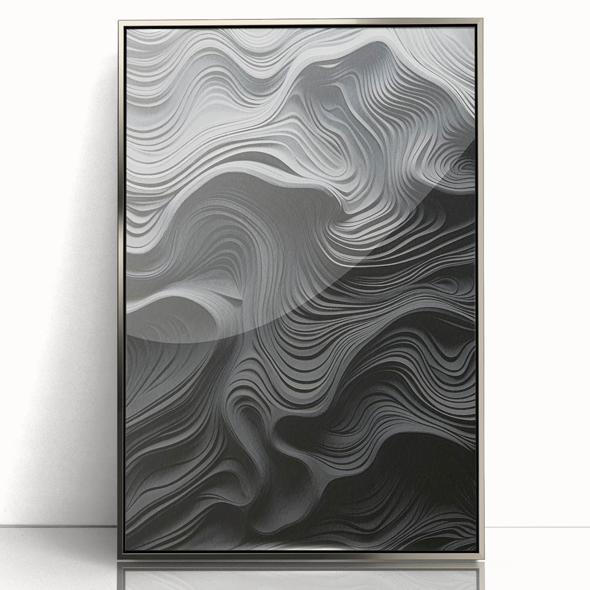 Framed wall art featuring an abstract modern design with a sleek silver finish, ideal for contemporary home decor. This piece adds a touch of elegance and sophistication to any room setting.