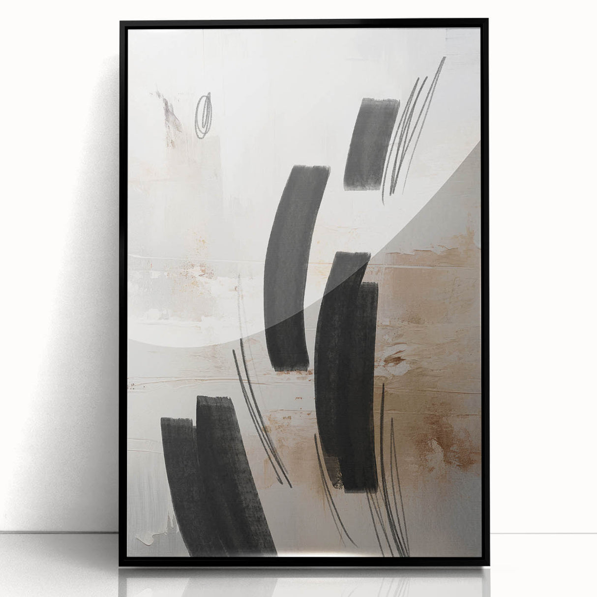 Framed abstract modern wall art featuring geometric shapes in vibrant colors, set against a sleek black frame, perfect for contemporary home decor.