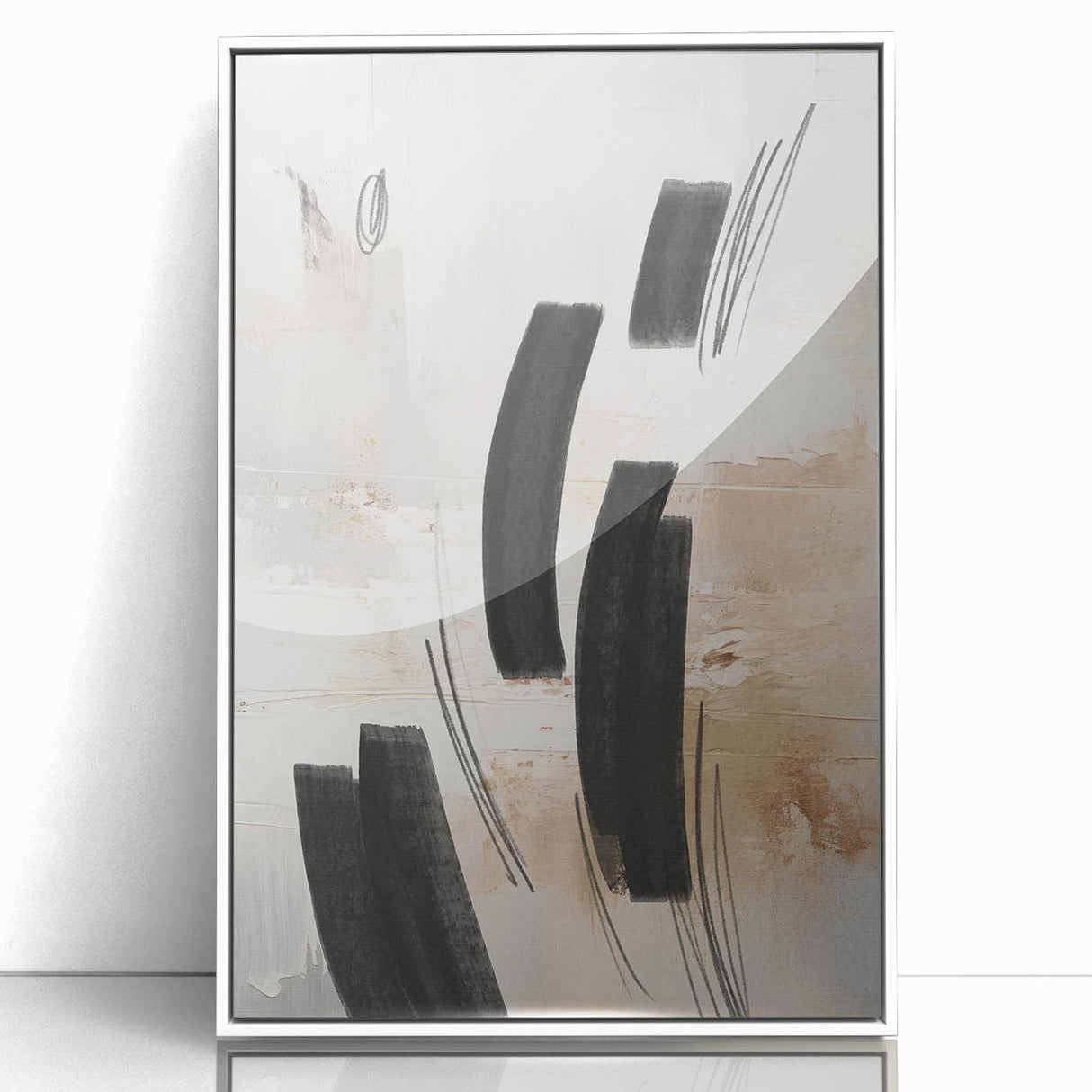 Framed abstract modern wall art design showcasing vibrant colors and geometric patterns, with a sleek white frame, enhancing contemporary decor aesthetics. Ideal for living spaces or office environments, this piece adds a touch of sophistication and artistic flair.