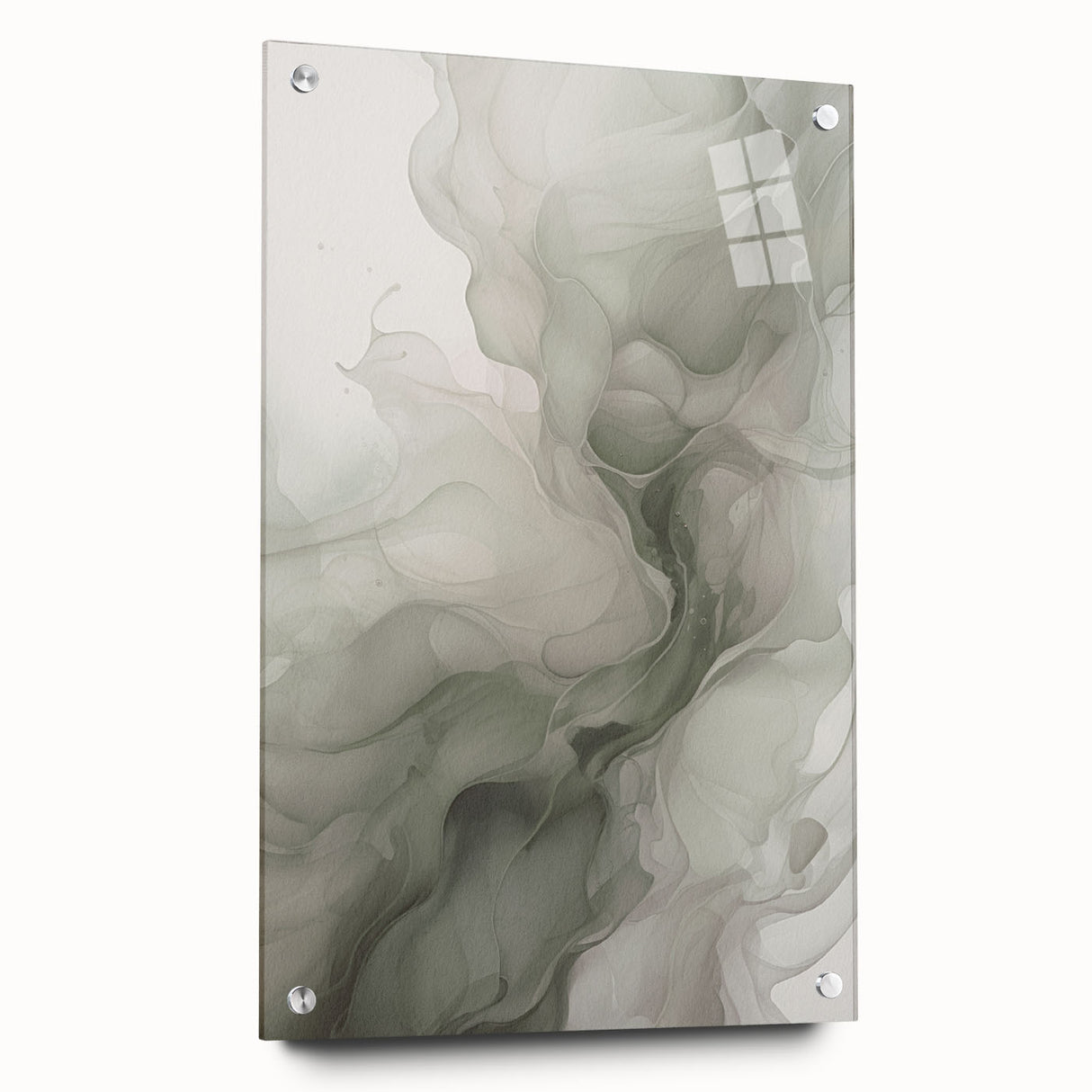 Abstract modern wall art collection displayed in a side view, showcasing vibrant colors and geometric patterns on acrylic glass, secured with decorative pins for stylish presentation.