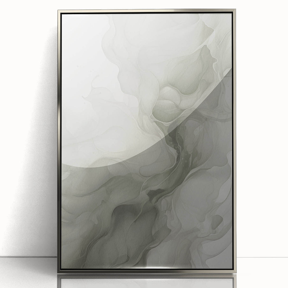 Framed abstract modern wall art in silver, showcasing a contemporary design with vibrant colors and geometric shapes, ideal for stylish home decor.