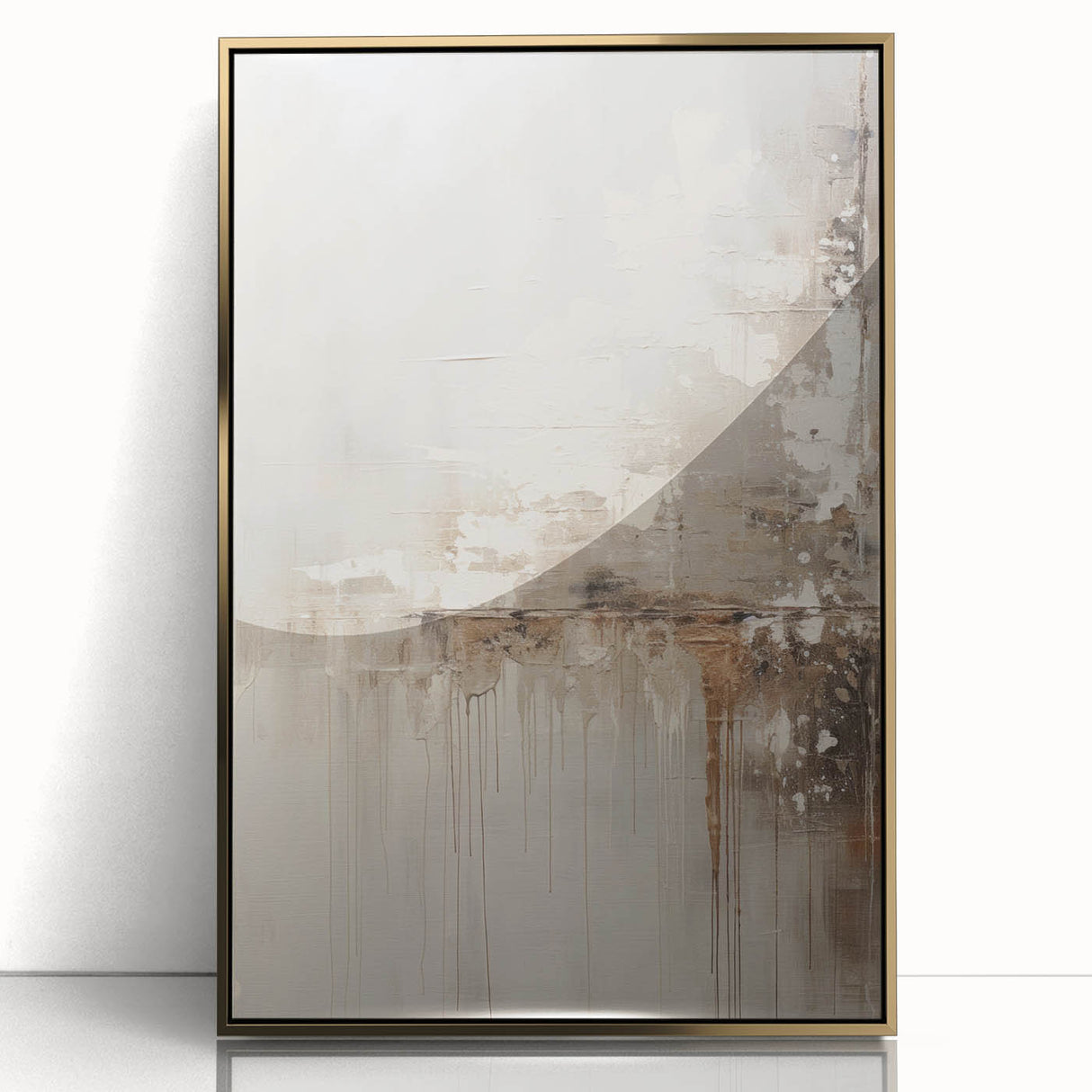 Framed acrylic wall art featuring an abstract modern design with gold accents, showcasing geometric shapes and a sleek finish, perfect for contemporary decor.