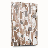 Abstract modern wall art collection displayed in acrylic glass, showcasing vibrant colors and geometric patterns, mounted with decorative pins for an elegant look.