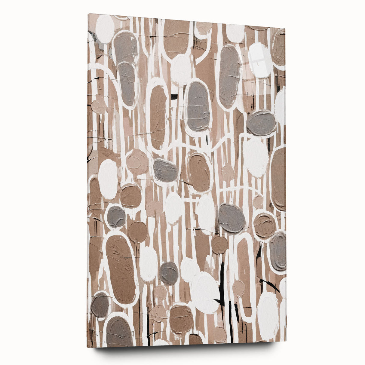 Abstract modern wall art collection displayed from a side view, showcasing vibrant colors and sleek acrylic glass frame, ideal for contemporary decor.