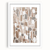 Abstract modern wall art featuring bold geometric shapes in vibrant colors, framed in a sleek white mat, enhancing contemporary interior decor aesthetics.