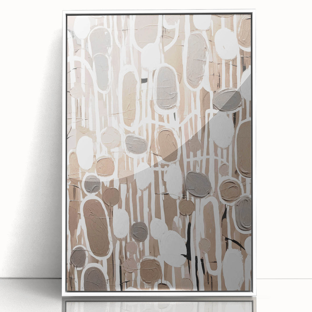 Framed abstract modern wall art design featuring vibrant colors and geometric shapes, showcased in a white frame, perfect for enhancing contemporary interiors.