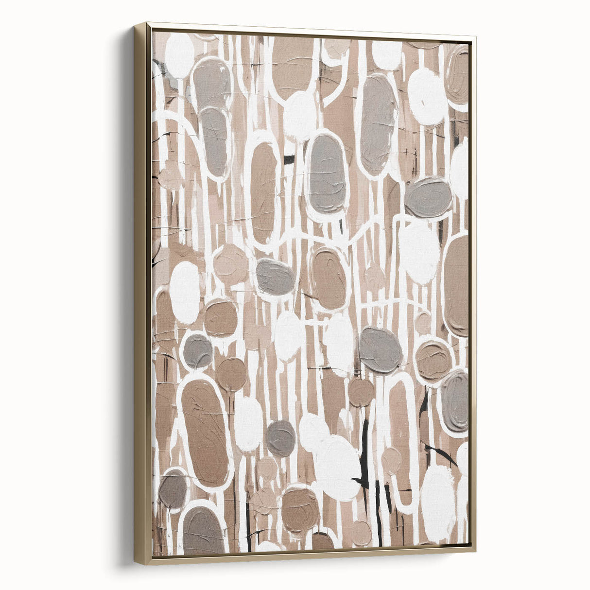 Framed abstract modern wall art collection showcasing gold and black geometric patterns, displayed at an angle to highlight its sleek design and canvas texture.