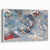 Framed wall art featuring an abstract splatter design in vibrant colors, presented in a sleek white frame, perfect for modern decor.