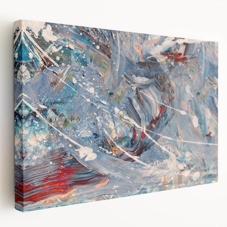 Stretched canvas featuring an abstract splatter design in vibrant colors, showcasing dynamic shapes and textures ideal for modern home decor.