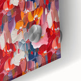 Abstract splatter design wall art featuring vibrant blue, orange, and yellow colors on acrylic glass, perfect for modern home decor.