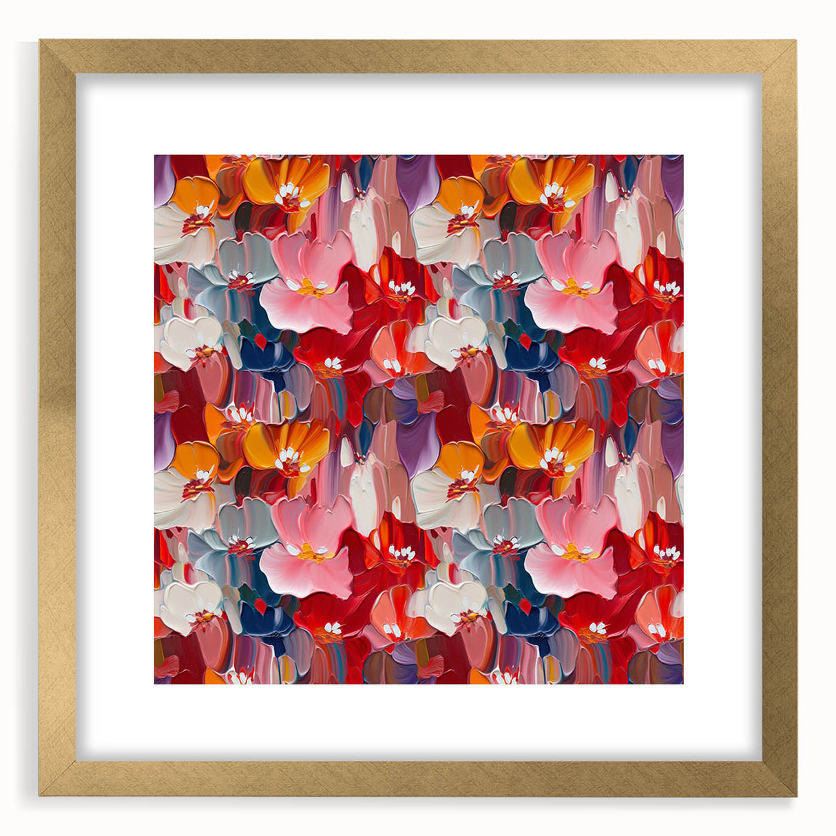 Abstract splatters design wall art collection featuring a gold frame and mat, showcasing vibrant colors and modern artistic flair for home decor.