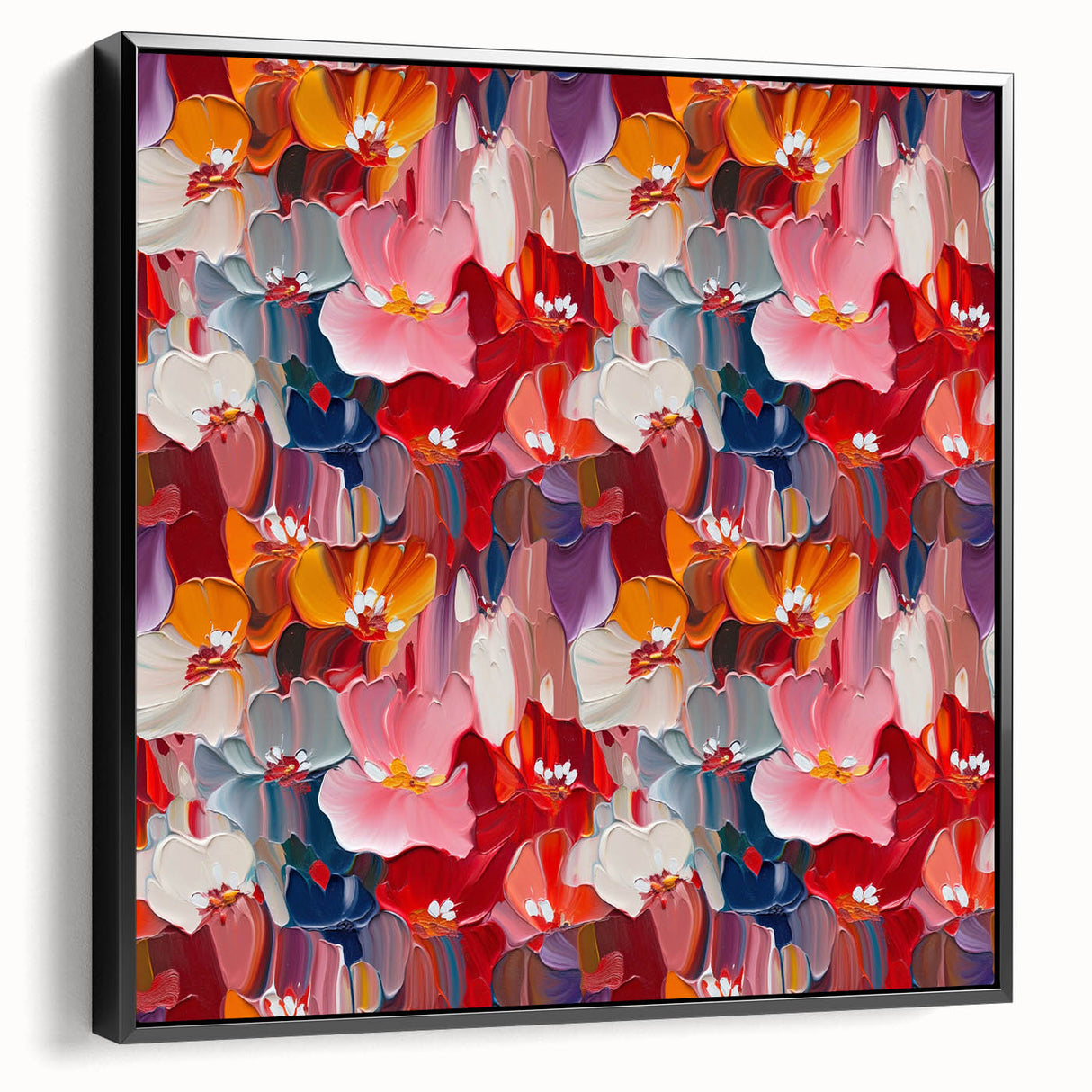 Framed black abstract splatter wall art showcasing vibrant colors and dynamic shapes, adding a modern touch to any decor setting.