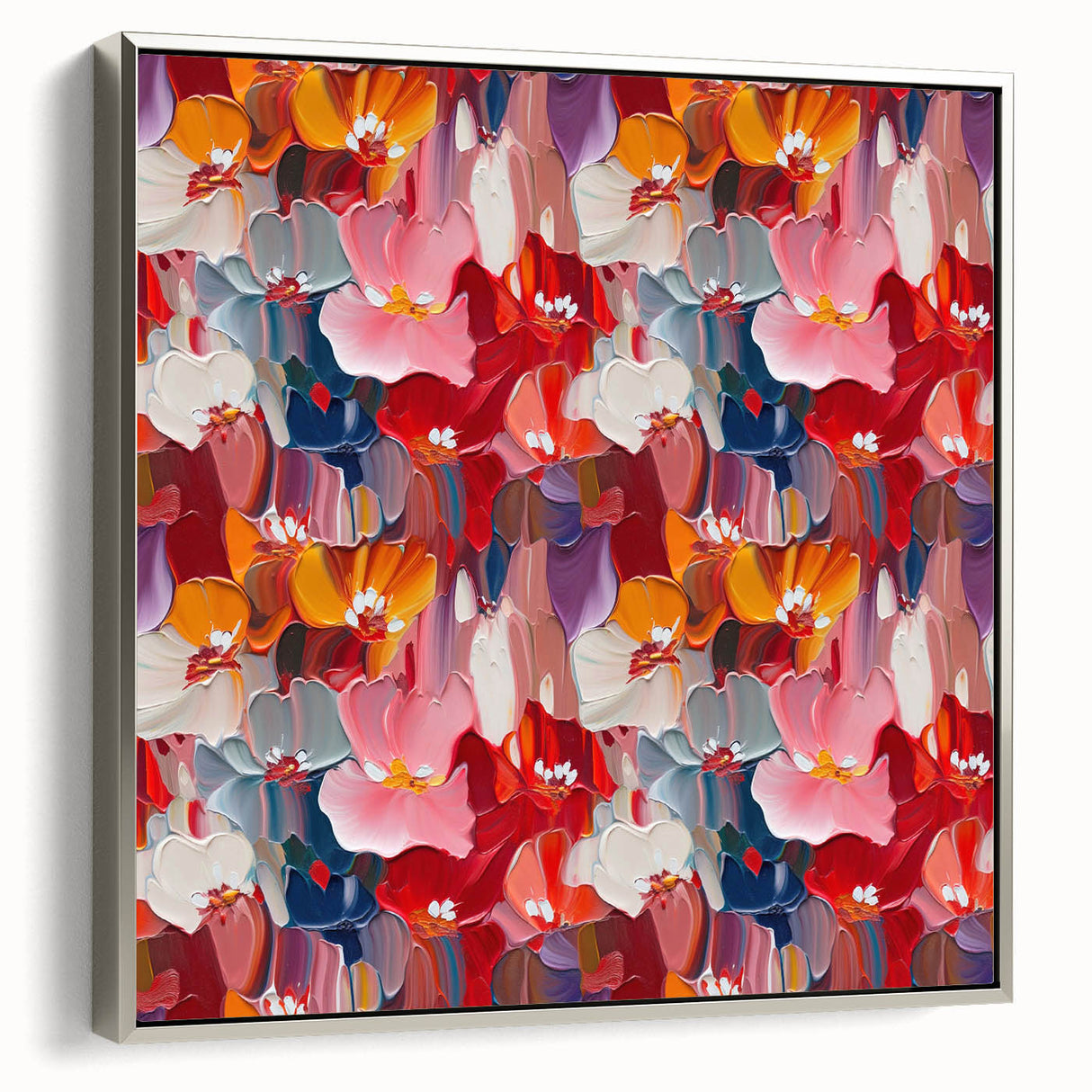 Framed abstract wall art showcasing vibrant splatter designs in a modern aesthetic, featuring a sleek silver frame and side view perspective.