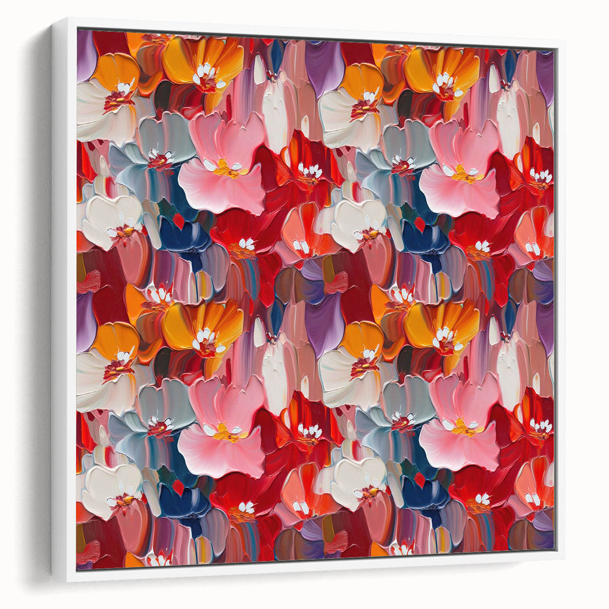 Framed abstract splatter design wall art in a sleek white frame, showcasing vibrant colors and dynamic patterns for modern decor.