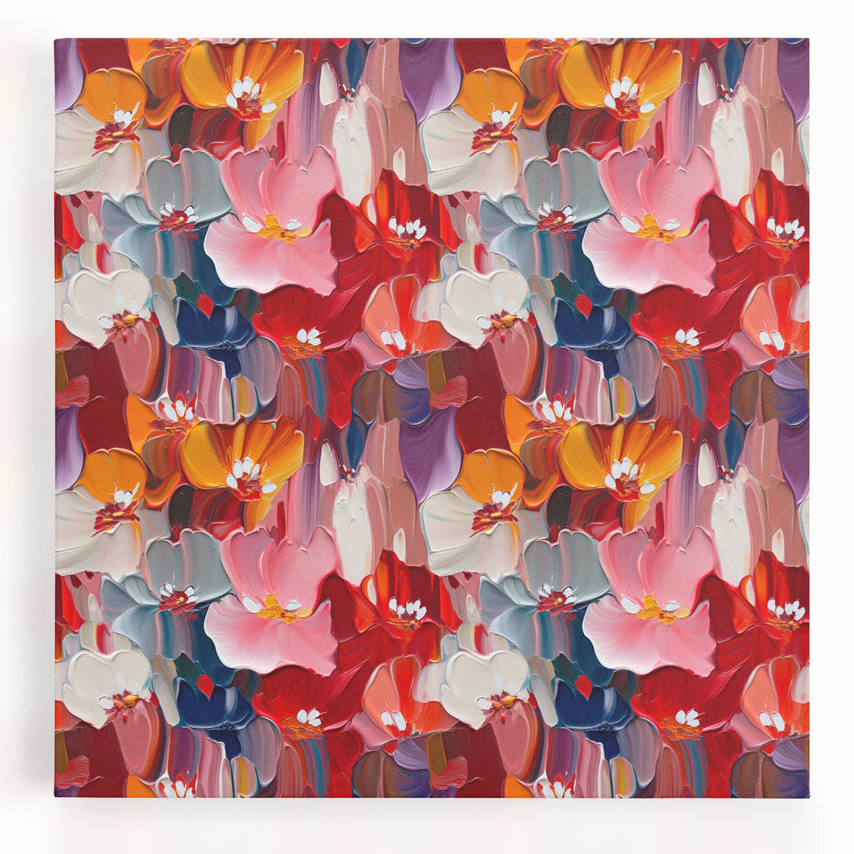 Colorful abstract splatter design on stretched canvas wall art, showcasing vibrant hues of blue, yellow, and red, perfect for modern decor.