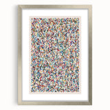 Framed abstract splatter wall art design in silver, showcasing vibrant colors and unique patterns, ideal for modern home decor.