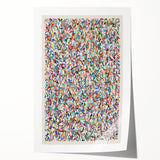 Colorful abstract splatter wall art print showcasing vibrant hues of blue, orange, and yellow, perfect for modern home decor and framing.