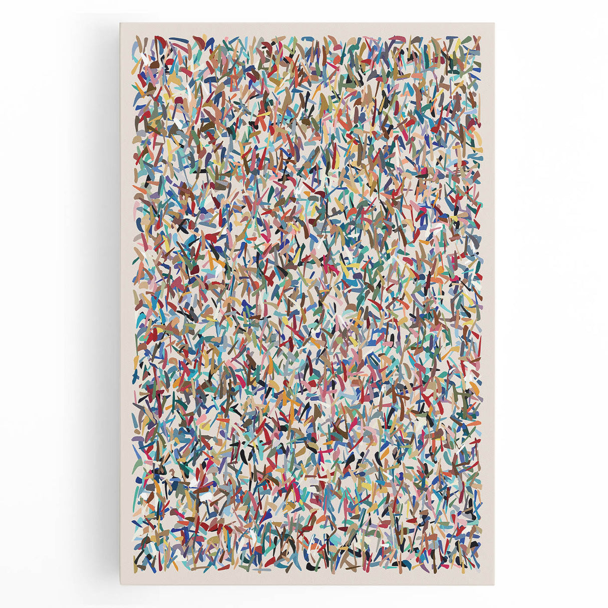 Colorful abstract splatter wall art on stretched canvas, showcasing vibrant hues of blue, yellow, and red, perfect for modern home decor.
