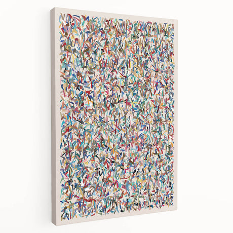 Abstract wall art design featuring vibrant splatter patterns in blue, yellow, and orange on a stretched canvas, showcasing a modern aesthetic ideal for contemporary decor.