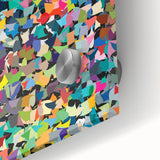 Close-up of vibrant abstract splatter wall art design, showcasing bold colors and dynamic patterns on acrylic glass for modern decor.