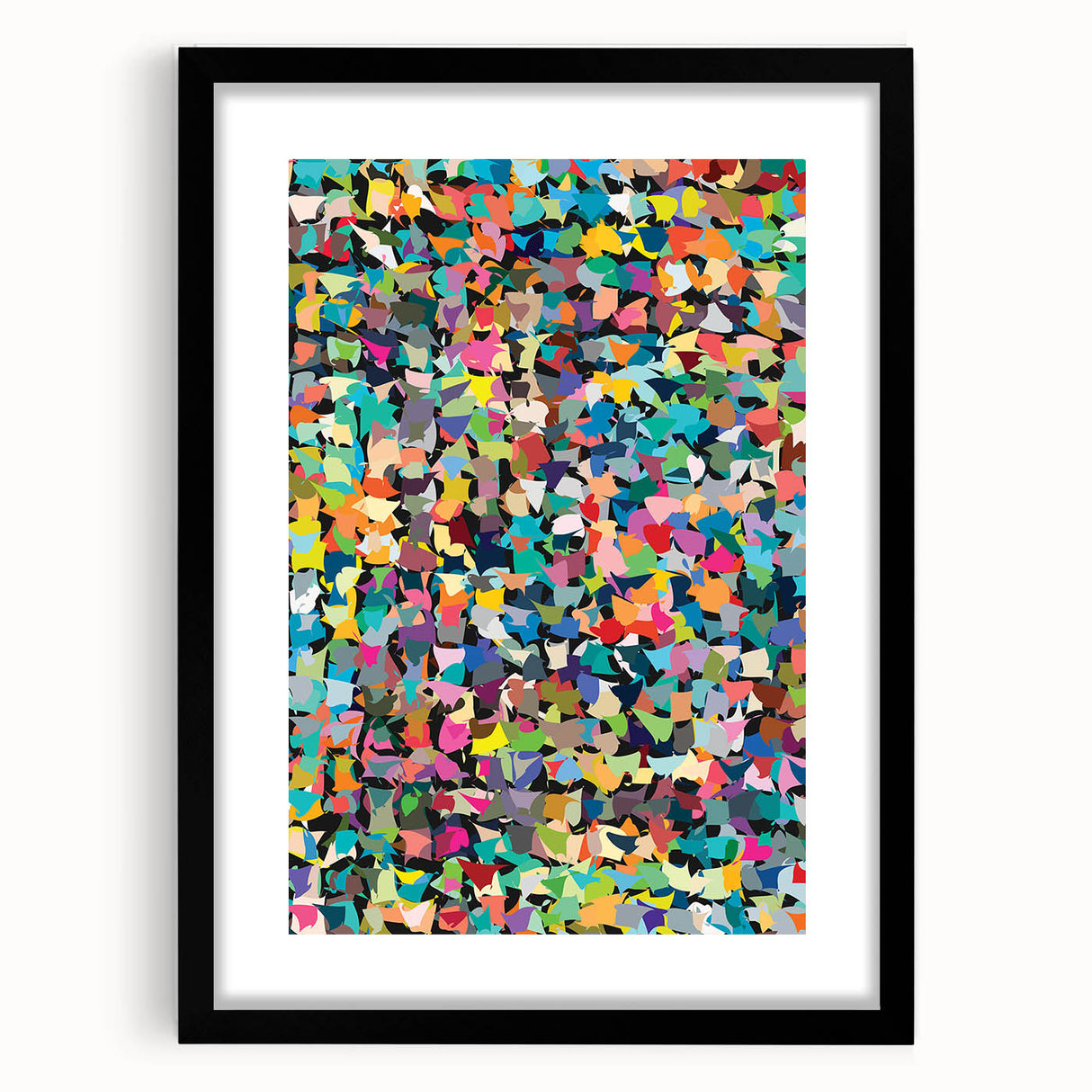 Framed abstract splatter wall art with a black mat, showcasing vibrant colors and dynamic patterns, perfect for modern home decor.