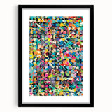 Framed abstract splatter wall art with a black mat, showcasing vibrant colors and dynamic patterns, perfect for modern home decor.
