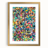 Abstract wall art featuring vibrant splatter designs in gold and blue, elegantly framed with a mat to enhance decor aesthetics.