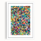 Abstract wall art design showcasing vibrant splatter patterns in a modern white frame, perfect for contemporary home decor accents.