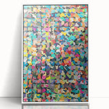 Framed abstract wall art design with colorful splatters and a sleek white frame, perfect for modern home decor and artistic interiors.