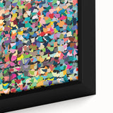 Abstract splatter wall art design showcasing vibrant colors and dynamic shapes, elegantly framed in a modern setting for contemporary decor.