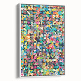 Framed abstract wall art featuring vibrant splatter designs in shades of blue, red, and yellow, showcased from a side view against a white background.