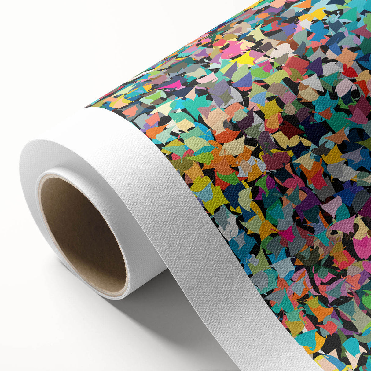 Abstract splatter wall art design on rolled canvas showcasing vibrant colors of blue, orange, and yellow, perfect for modern home decor.